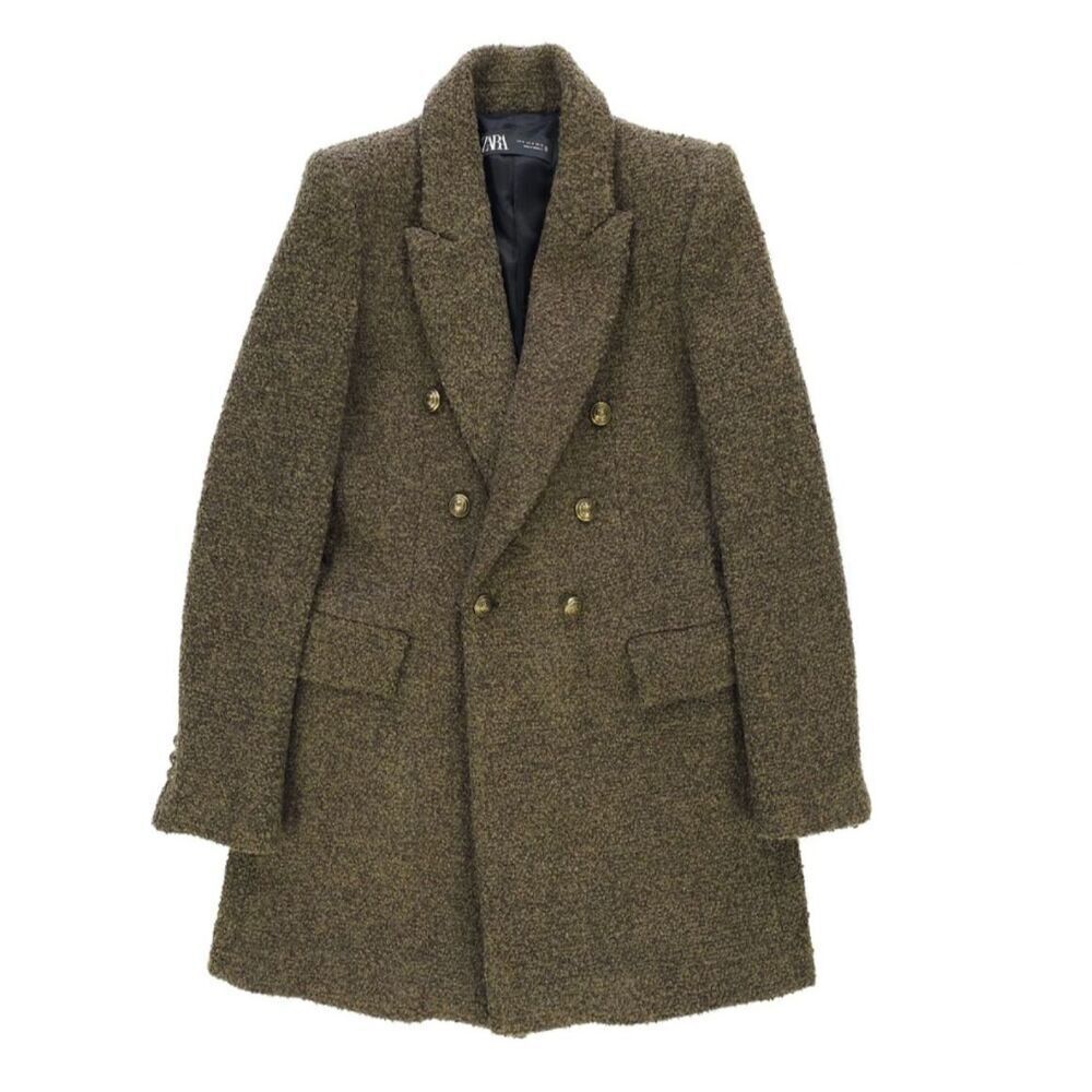 NEW Zara Wool Double Breasted Boucle Coat Old Money Quiet Luxury Military Preppy